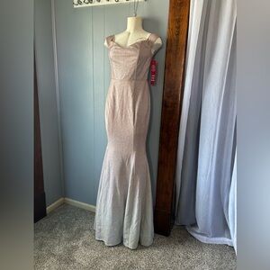 Rose gold/ silver ombré off the shoulder gown!
